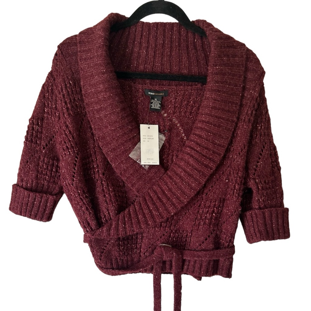 BCBG MAXAZARIA Wrap around Cardigan sweater with belt in Burgundy new with tags